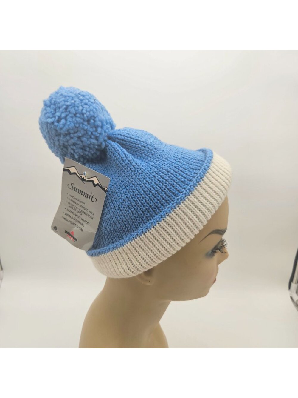Summit by Wigwam Beanie Snow Blue Pom Pom Wool Hat NOS